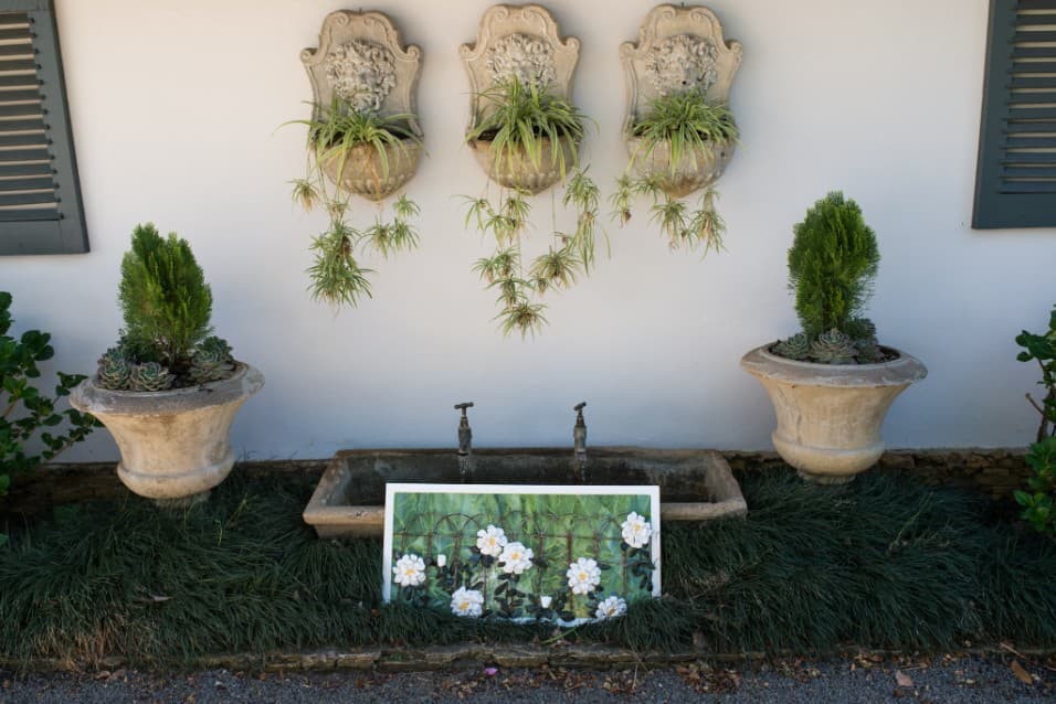 Garden wall with hanging planters and a painting of white roses