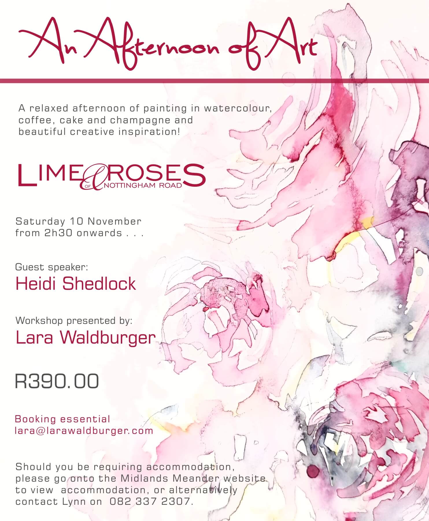 An Afternoon of Art invitation from Lime & Roses: a watercolour workshop presented by Lara Waldburger with guest speaker Heidi Shedlock