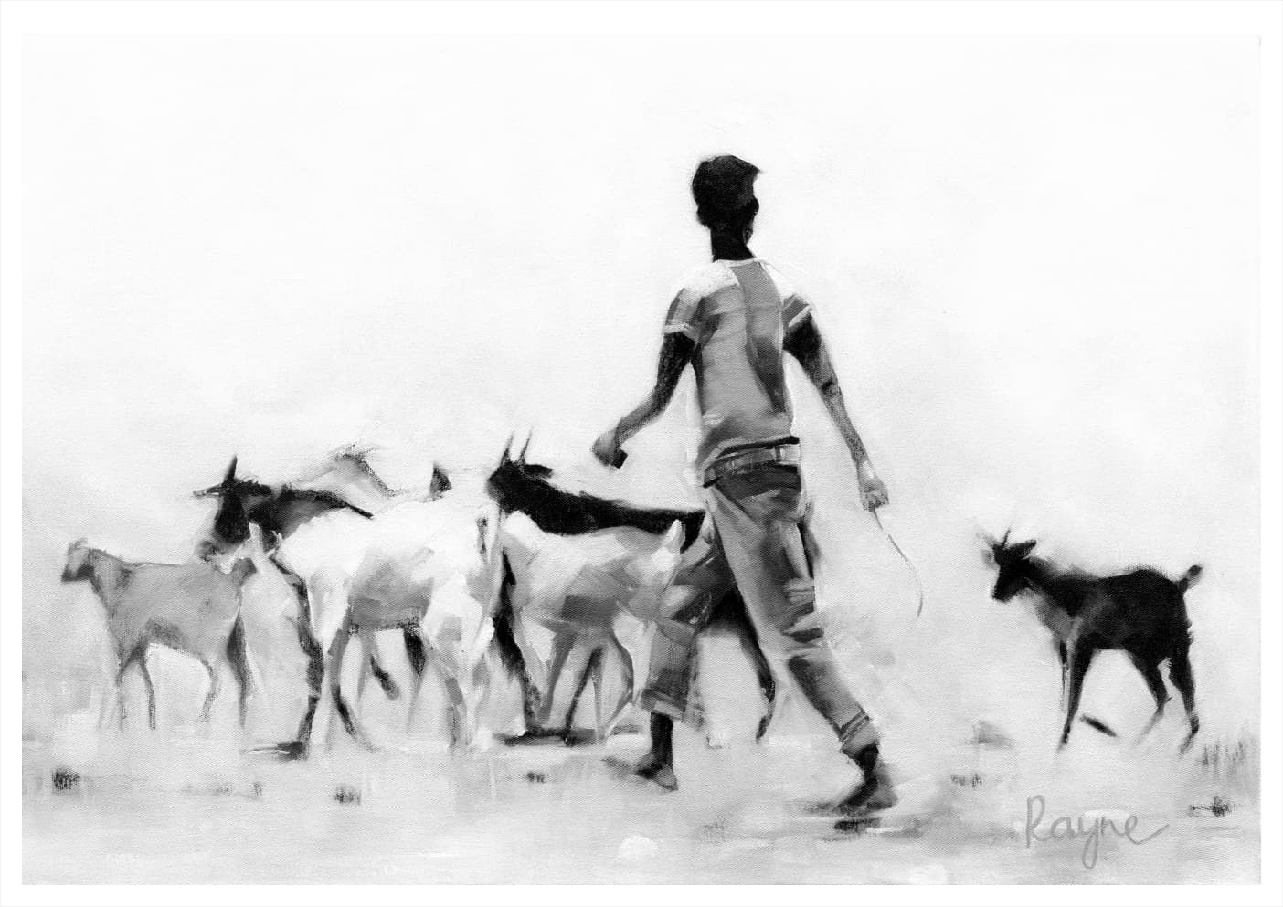 Monochrome painting of a herder walking with goats