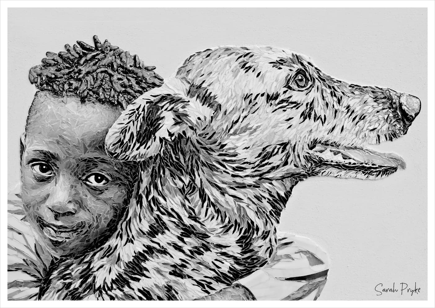 Monochrome drawing of a boy holding a greyhound
